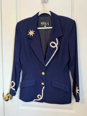 Nina K Vintage Navy Blue Nautical Blazer Jacket Gold Embroidery Compass Star Siz